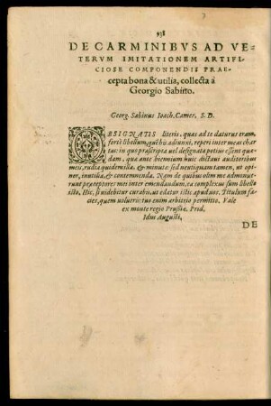 De Carminibus Ad Veterum Imitationem Artificiose Componendis Praecepta bona & utilia, collecta a Georgio Sabino.