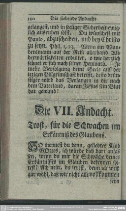 Die VII. Andacht. Trost, für die Schwachen im Erkäntniß des Glaubens