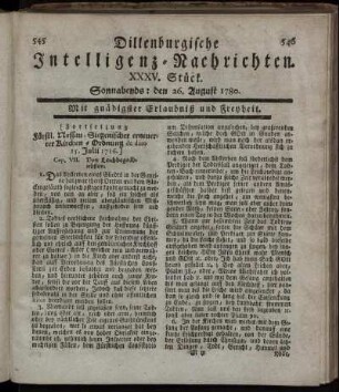 XXXV. Stück. Sonnabends : den 26. August 1780.