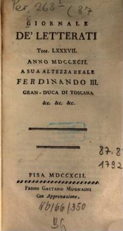 Giornale de'letterati. 87, 87. 1792