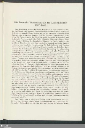 Die Deutsche Versuchsanstalt für Lederindustrie 1897-1938