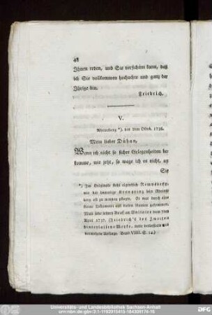 V. Rheinsberg, den 2ten Oktob. 1735.