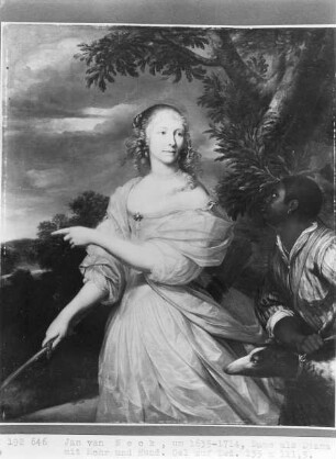 Dame als Diana mit Mohr und Hund