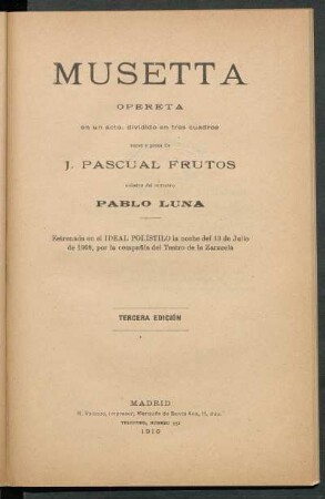 Musetta : opereta en un acto, dividido en tres cuadros