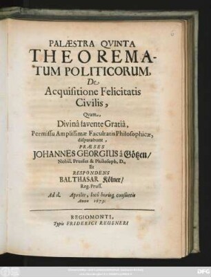 Palaestra Quinta Theorematum Politicorum, De Acquisitione Felicitatis Civilis,