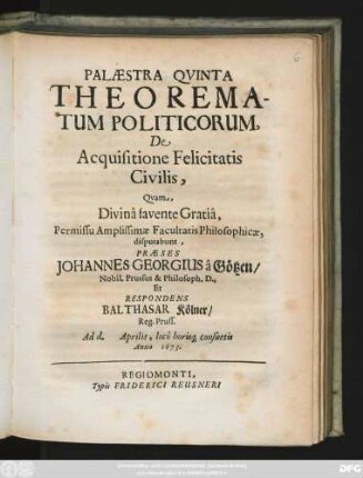 Palaestra Quinta Theorematum Politicorum, De Acquisitione Felicitatis Civilis,