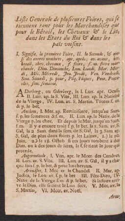Liste generale de plusieures foires, qui se tiennent tant pour les marchandises que pour le Bêtail, les chevaux & le lin, dans les Etats du Roi & dans les pais voisins