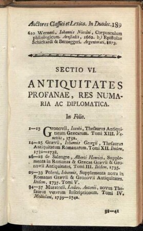 Sectio VI. Antiquitates Profanae, Res Numaria Ac Diplomatica