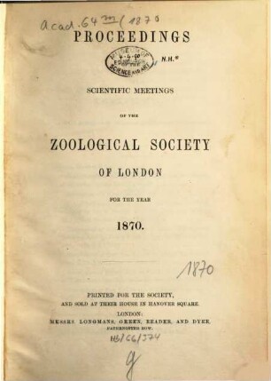 Proceedings of the Zoological Society of London. 1870