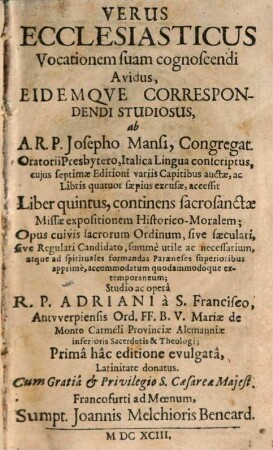 Verus Ecclesiasticus Vocationem Suam cognoscendi Avidus Eidemque Correspondendi Studiosus