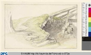 Begrünter Felsvorsprung mit Holzkonstruktion (Brücke?)