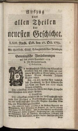 LXIII. Nachl. Cob. den 27. Oct. 1759.