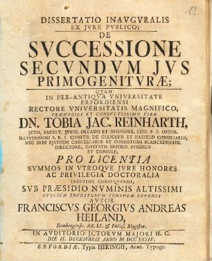 Dissertatio inauguralis ex iure publico de successione secundum ius primogeniturae