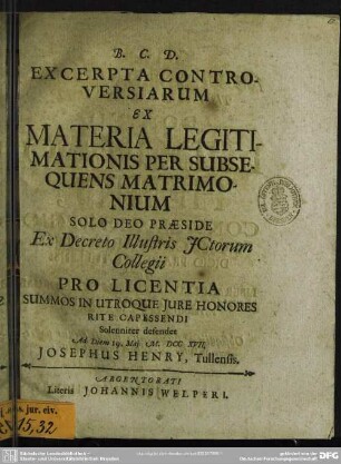 Excerpta Controversiarum Ex Materia Legitimationis Per Subsequens Matrimonium