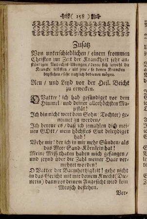 Zusatz Von unterschiedlichen/ einem frommen Christen zur Zeit der Kranckheit sehr anständigen Andachts-Ubungen/ [...]