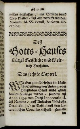 Deß Gotts-Hauses Lützel Geistlich: und Weltliche Freyheiten. Das sechste Capitel.