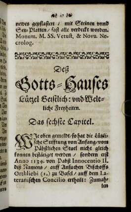 Deß Gotts-Hauses Lützel Geistlich: und Weltliche Freyheiten. Das sechste Capitel.