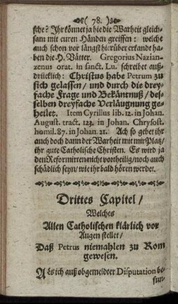 Drittes Capitel, Welches allen Catholischen klärlich vor Augen stellet, Daß Petrus niemahlen zu Rom gewesen
