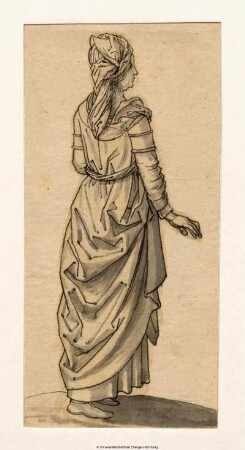 Frau (Orientalin?), halb vom Rücken gesehen, nach rechts schreitend