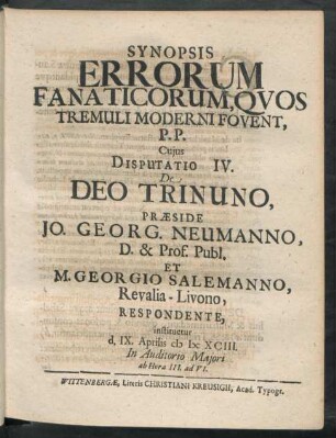 ... Disputatio IV. De Deo Trinuno ...