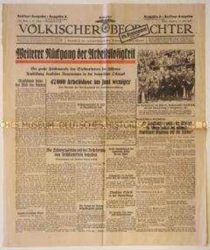 Titelblatt der NS-Tageszeitung "Völkischer Beobachter" zum Rückgang der Arbeitslosigkeit und zum Gauparteitag in Königsberg