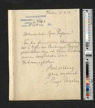 Brief von Hugo Ibscher an die StB Hamburg , Berlin