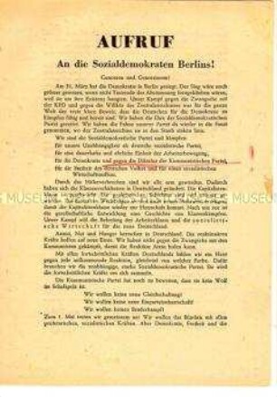 Aufruf der SPD Berlin nach der Ablehnung der Vereinigung mit der KPD bei der Urabstimmung