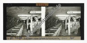 Setzen von Stahlstempeln, Bauart GHH in einem niedrigen Flöz, Zeche Osterfeld 1950