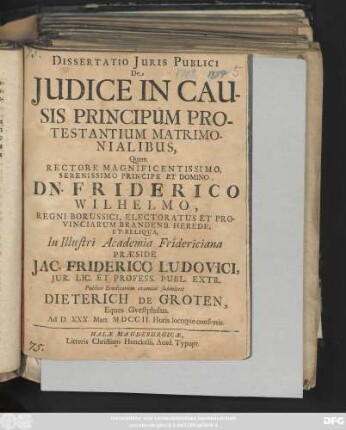 Dissertatio Juris Publici De Judice In Causis Principum Protestantium Matrimonialibus
