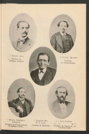 [Retratos de Ramón Agea, Profesor de Ordenes Clásicos y Vicente Heredia, Profesor de Estereotomía y Ramón Rodríguez Arangoity, Profesor de Construcciones de madera y fierro y Leopoldo Río de la Loza, Profesor de Química y Juan Cardona, Profesor de Teoría de las Construcciones]