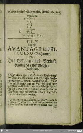 Tit. V. Von der Avantage- und Ritourno-Rechnung. Oder: Der Gewinn- und Verlust-Rechnung einer Wechsel-Handlung