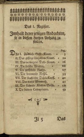 Das I. Register. Innhalt derer jenigen Andachten, so in diesem kurtzen Anhang zu finden.