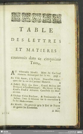 Table des Lettres et Matieres contenues dans ce cinquiéme Tome