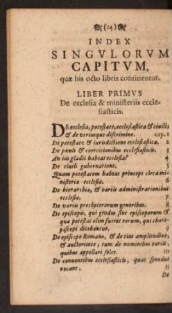 Index Singulorum Capitum, quae his octo libris continentur.