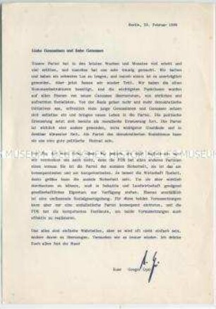 Offener Brief des Vorsitzenden der PDS Gregor Gysi an die Parteimitglieder aus dem Vorfeld der Volkskammerwahlen am 18. März 1990