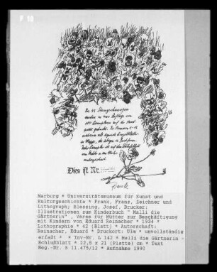 Illustrationen zum Kinderbuch " Malli die Gärtnerin" , Verse für Mütter zur Beschäftigung mit Kindern von Eduard Reinacher — Malli die Gärtnerin - Schlußblatt