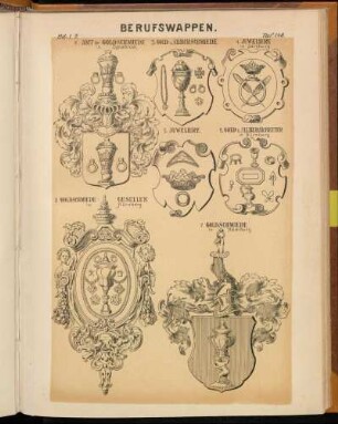 Taf. 140. - 1. Amt der Goldschmiede in Osnabrück. - 2. Goldschmiede-Gesellen in Nürnberg. - 3. Gold- u. Silberschmiede. - 4. Juwelier in Salzburg. - 5. Juweliere. - 6. Gold- u. Silberarbeiter in Nürnberg. - 7. Goldschmiede in Hamburg.