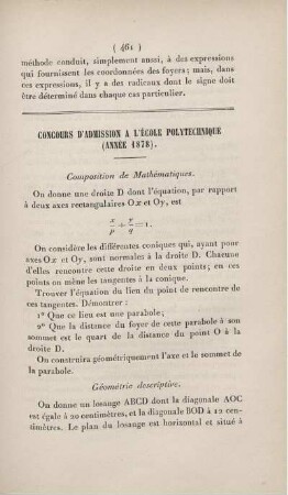 Concours d'admission a l'Ècole Polytechnique (Année 1878).
