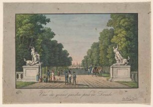 Hauptallee im Großen Garten mit den beiden Marmorskulpturen von Antonio Corradini (ursprünglich im Japanischen Palais), Blick stadteinwärts nach Nordwesten