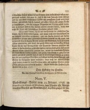 Num. V. Verhaltungs-Befehl vom 10. Februar. 1758.