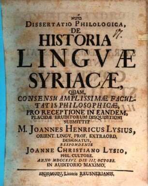 Dissertatio Philologica, De Historia Lingvæ Syriacæ
