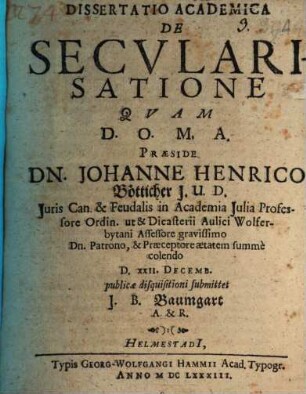 Dissertatio Academica De Secularisatione