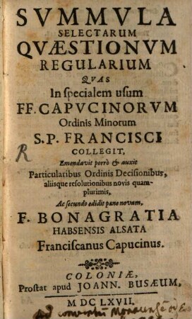 Svmmvla Selectarum Qvaestionvm Regularium