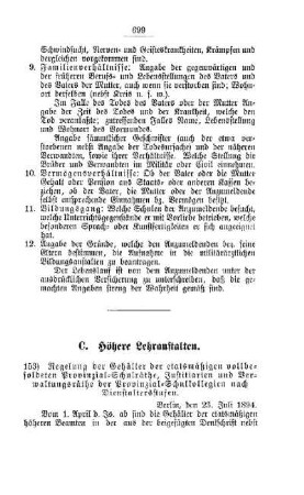 Regelung der Gehälter der etatsmäßigen vollbesoldeten Provinzial-Schulräthe, Institiarien und Verwaltungsräthe der Provinzial-Schulkollegien nach Dienstaltersstufen : [C. Höhere Lehranstalten]