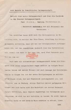 Acht Monate in französischer Gefangenschaft : September 1914 bis Mai 1915
