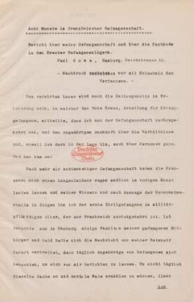 Acht Monate in französischer Gefangenschaft : September 1914 bis Mai 1915