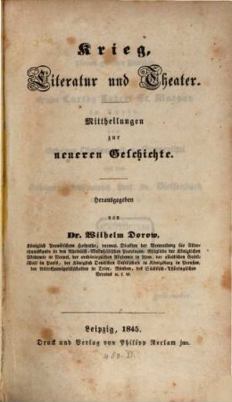 Krieg, Literatur und Theater : Mittheilungen zur neueren Geschichte
