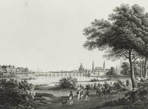 Blick auf Dresden von Süd-Westen (Weißeritzmündung) : Blick auf Dresden von Süd-Westen (Weißeritzmündung). Radierung, koloriert um 1800