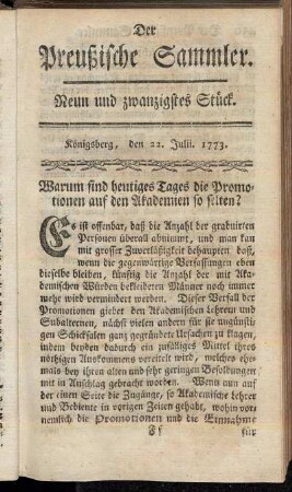 Neun und zwanzigstes Stück. Königsberg, den 22. Julii 1773.