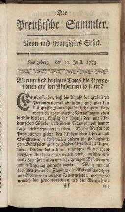 Neun und zwanzigstes Stück. Königsberg, den 22. Julii 1773.